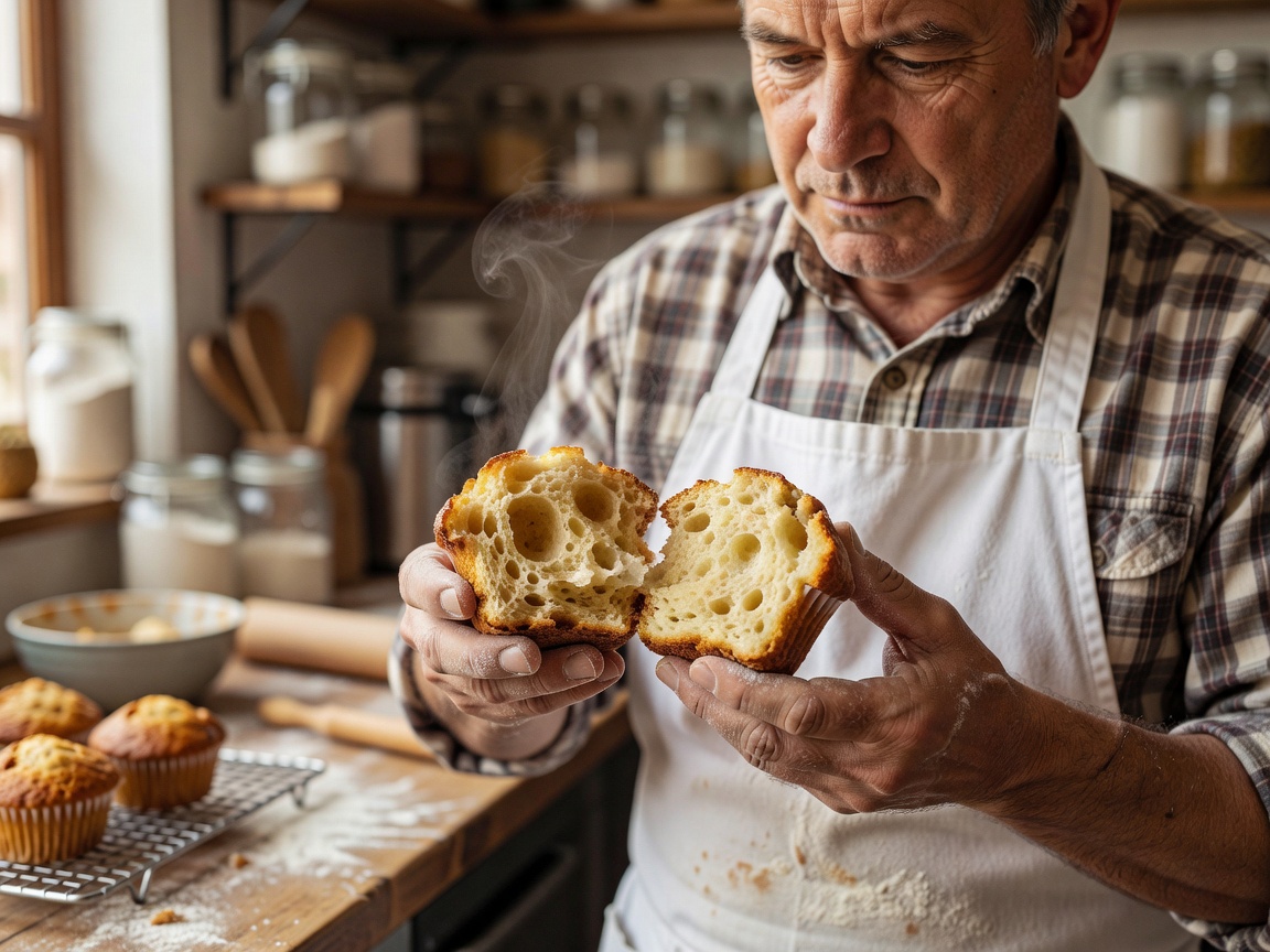 Baker breaking a warm muffin in half by a window to inspect the crumb