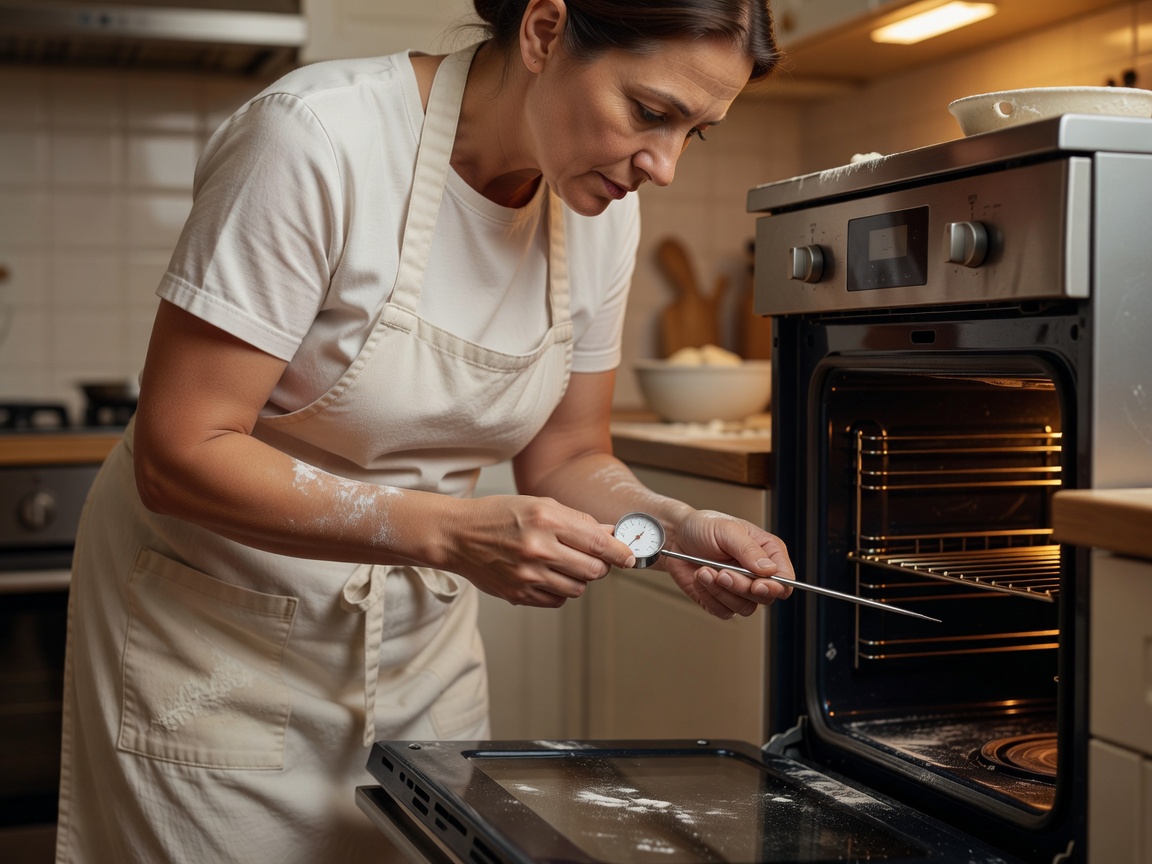 Baker checking an oven thermometer inside a domestic oven before baking