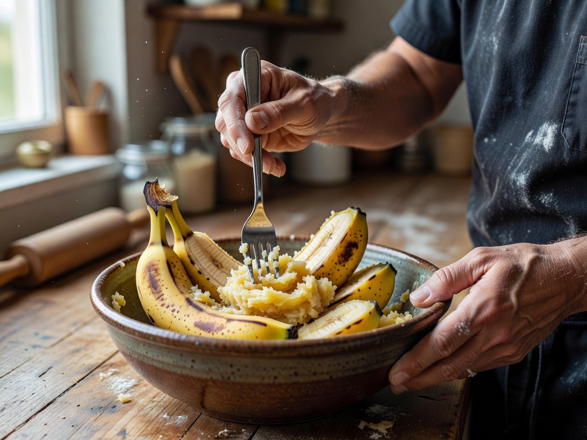 Baker mashing ripe bananas with a fork in a ceramic bowl