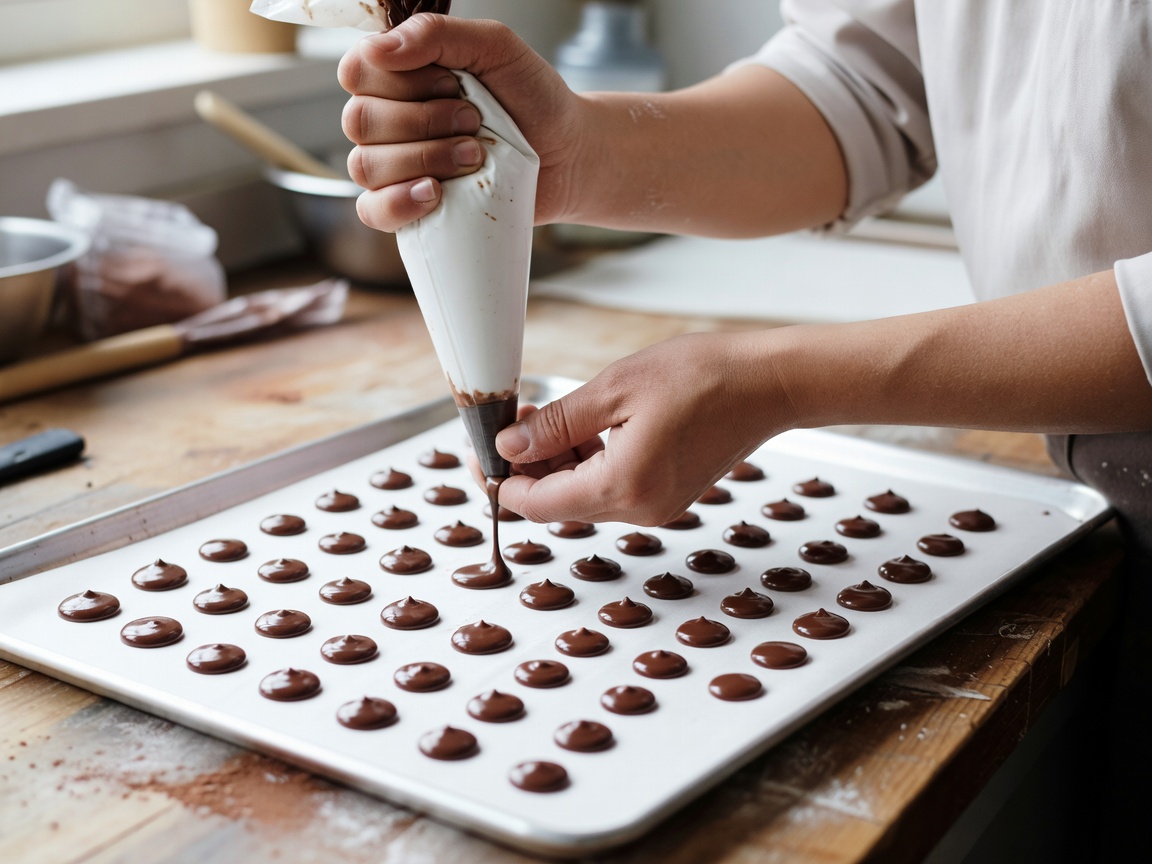 Baker piping small chocolate ganache discs onto a tray lined with baking paper