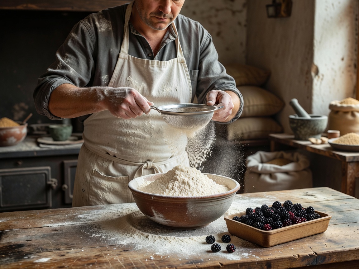 Baker sifting buckwheat flour into a bowl beside a punnet of blackberries