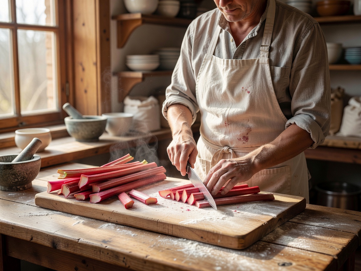 Baker slicing pink rhubarb stalks on a chopping board near a window