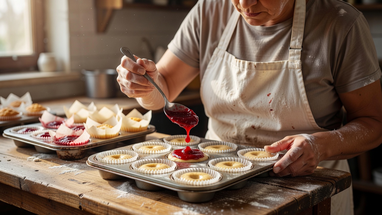 Baker spooning a dollop of jam into muffin batter in paper cases
