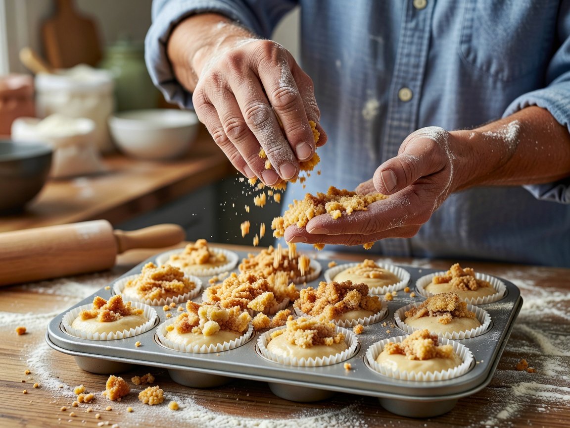 Baker sprinkling crumbly streusel onto muffin batter in a lined tin