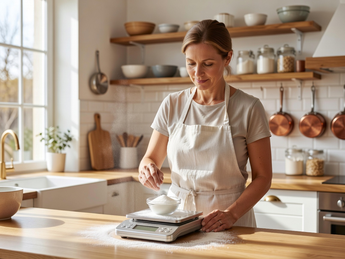 Baker weighing sugar on a digital scale in a bright home kitchen