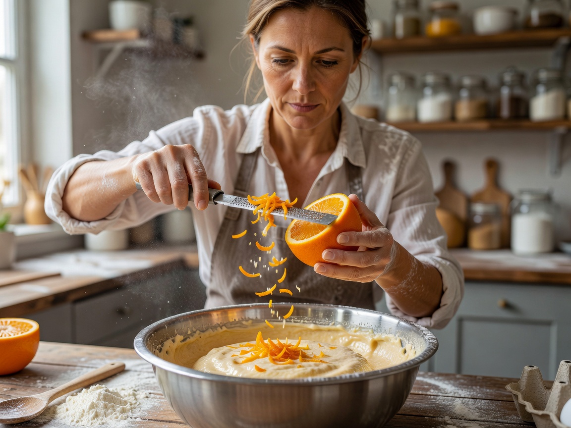 Baker zesting a bright orange over a mixing bowl in natural kitchen light