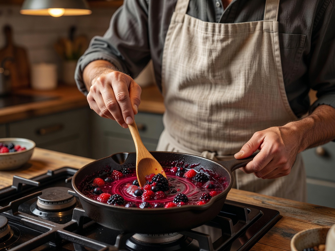 Cook stirring a glossy berry compote in a small pan on the hob