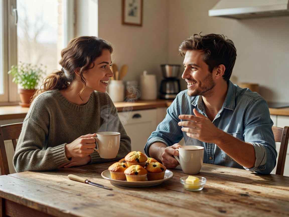 Two friends chatting over coffee and freshly baked muffins at a kitchen table