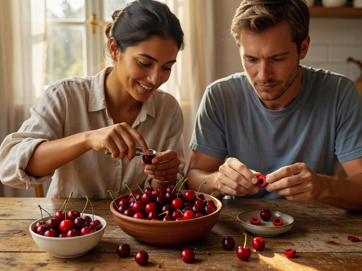 Two friends pitting fresh cherries into a bowl at a kitchen table