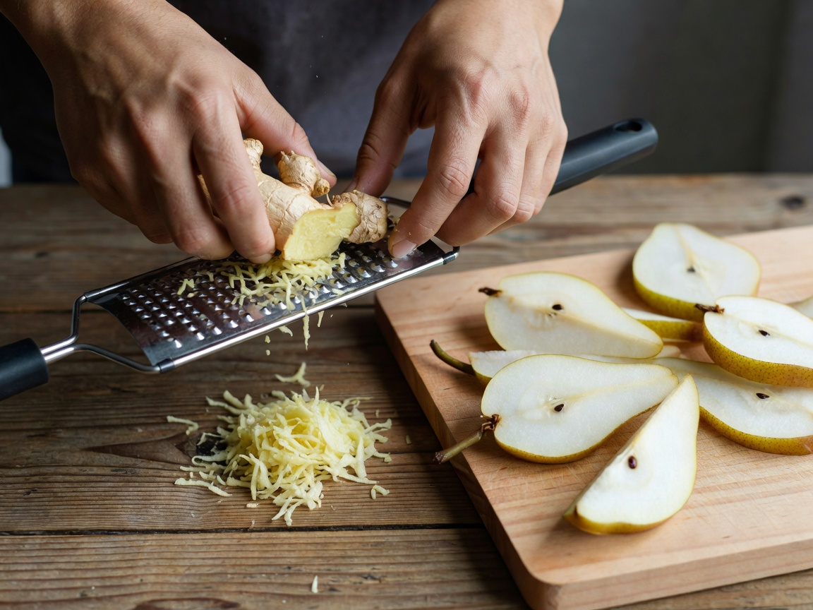 Hands grating fresh ginger beside a board of sliced pears