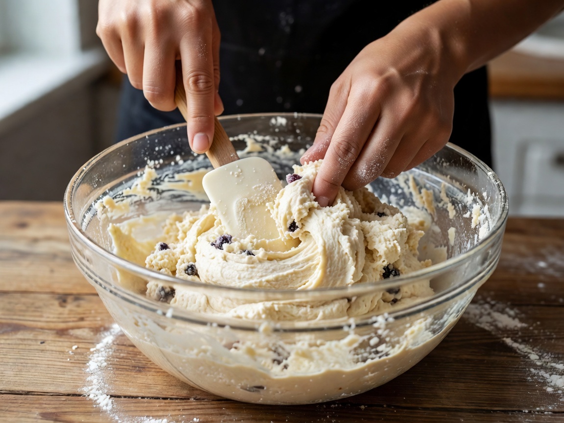 Hands folding a lumpy muffin batter with a wide spatula