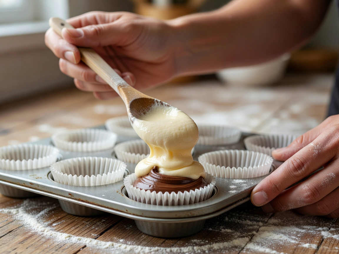 Hands spooning batter over a hidden filling in a lined muffin tin