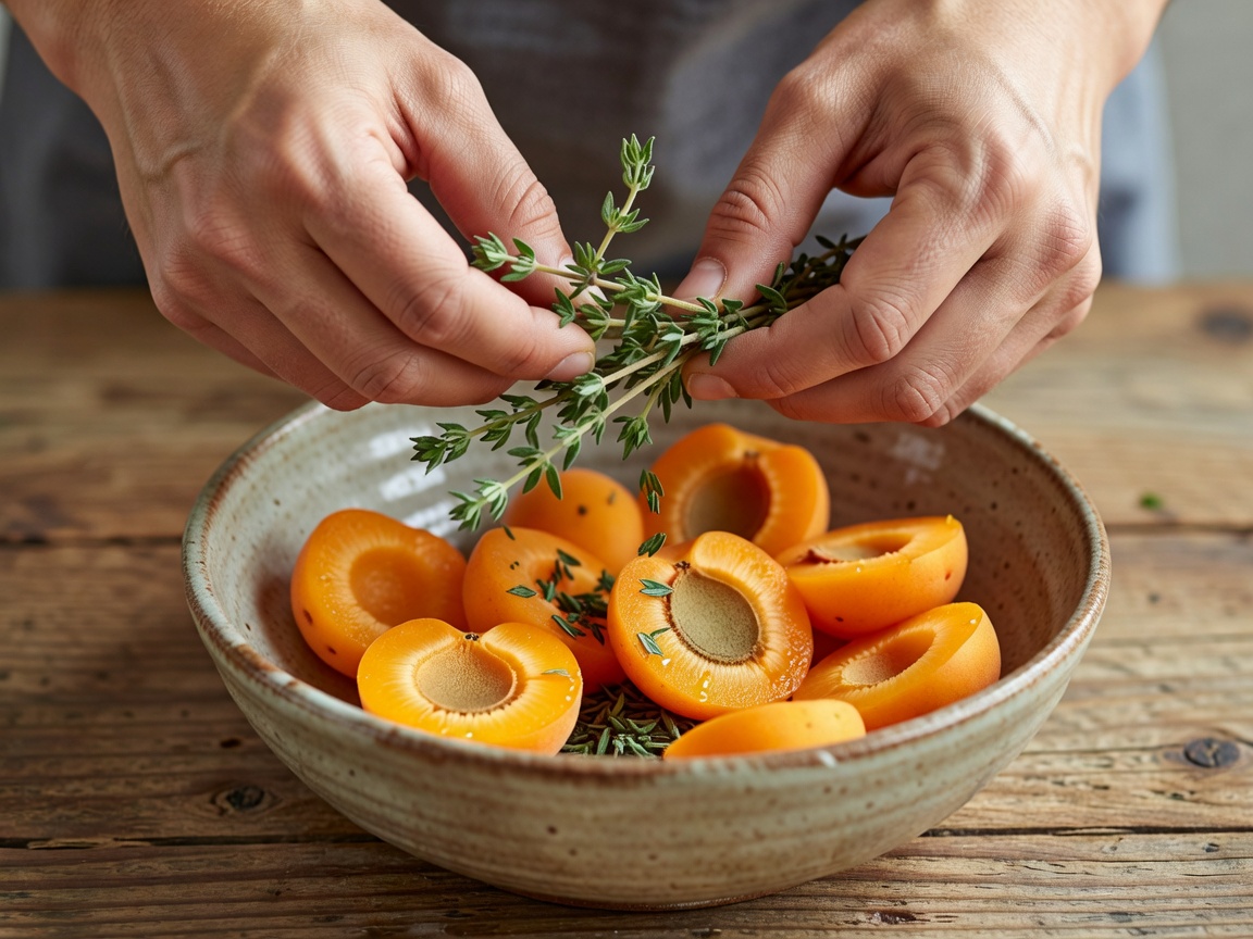 Hands stripping fresh thyme leaves beside a bowl of halved apricots