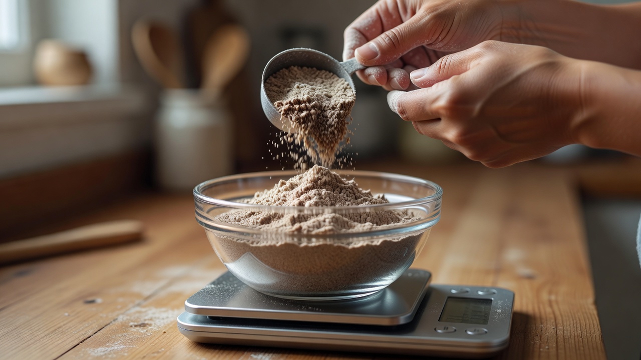 Hands weighing dark buckwheat flour into a bowl on a digital kitchen scale