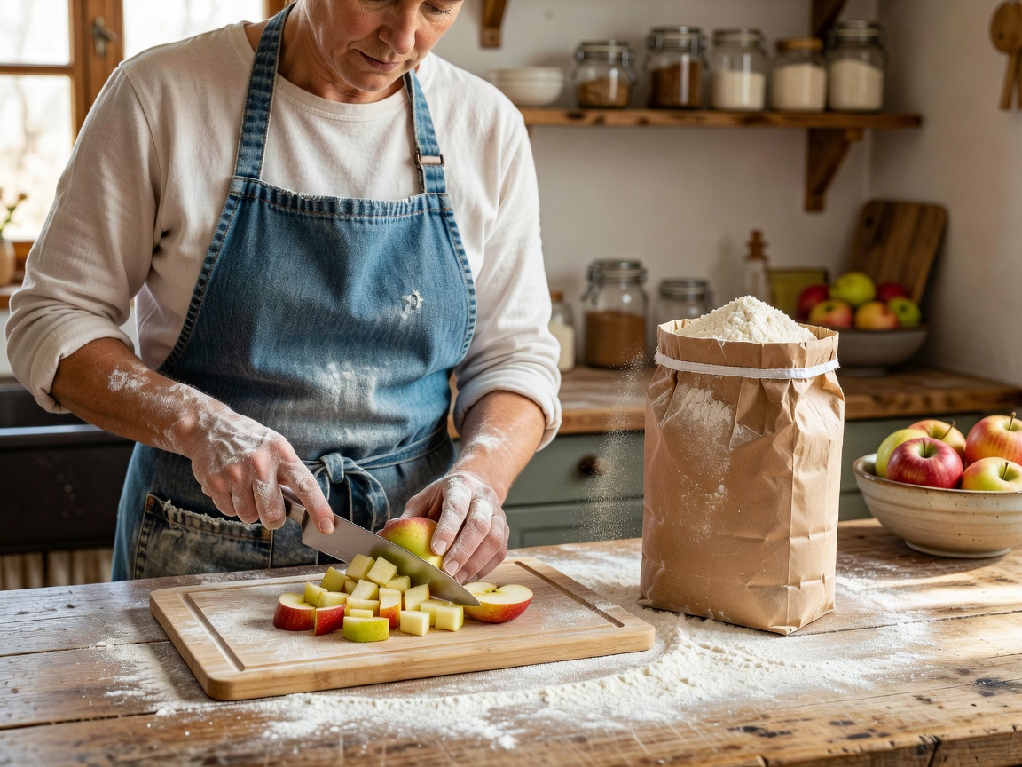 Home baker dicing apples next to an open bag of spelt flour