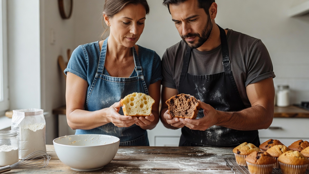 Two home bakers comparing the interiors of halved muffins at a kitchen counter