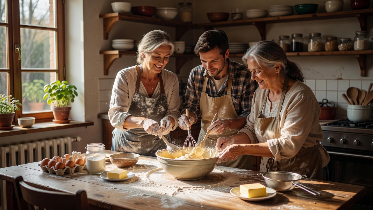 Small group of home bakers mixing batter together in a sunny kitchen